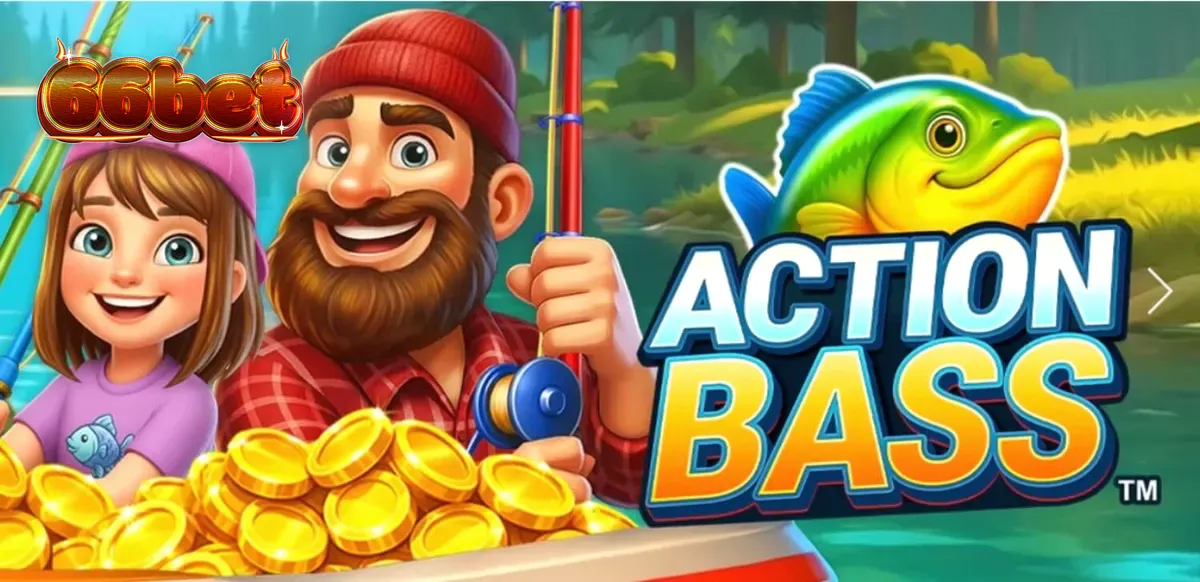 Interface do jogo de slot Action Bass com tema de pesca e pescadores.